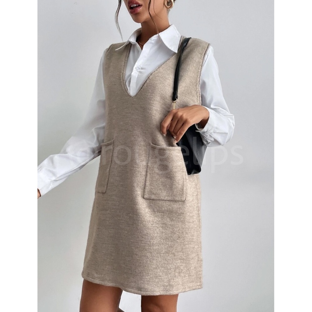 Knit Oversized Mini Vest Dress Khaki V-Neck with Pockets - Picture 6 of 9